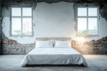 A cozy minimalist bedroom featuring a comfortable white bed set against an unfinished brick wall, illuminated by ample natural light from two large windows.の写真素材