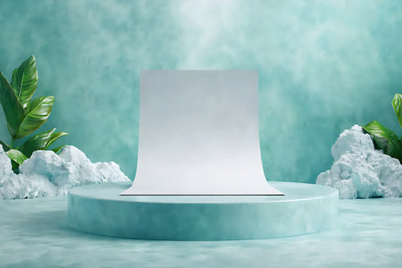 A serene and inviting studio scene featuring a white backdrop on a circular platform against a soft green background, complemented by tropical foliage.の写真素材