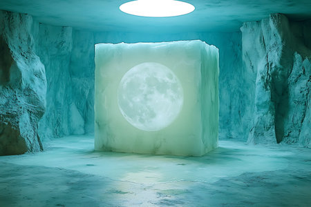 A stunning ice cube glows with a moon inside, casting soft blue light in a frozen cave. This surreal...