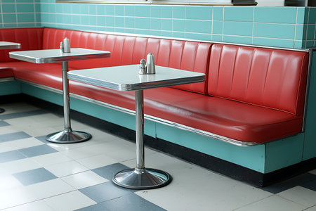 A stylish vintage diner interior featuring red leather seating and shiny chrome tables, ideal for creating a nostalgic, inviting atmosphere in eateries.の写真素材