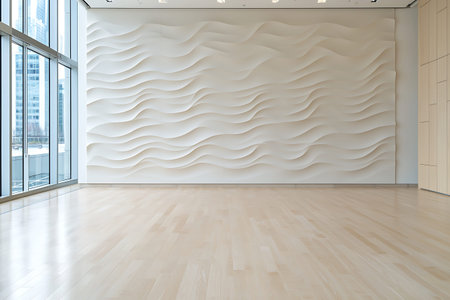 Spacious and bright indoor area featuring a textured white wall with wave patterns, creating a...