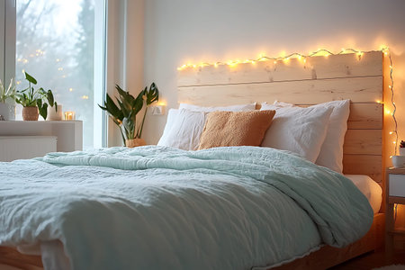 A cozy bedroom featuring a lighted wooden headboard, soft bedding, and plants, creating a tranquil...