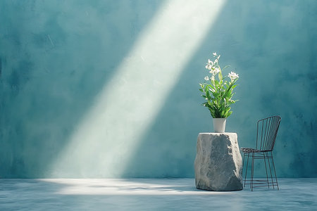 A minimalist interior scene features a green plant in a pot atop a stone table, accompanied by a metal chair, all illuminated by soft sunlight against a blue wall.の写真素材