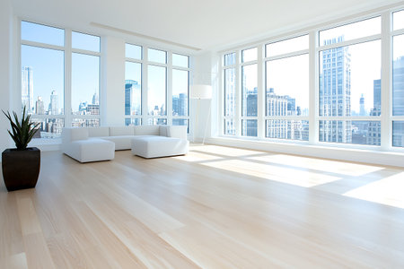 A spacious and bright interior featuring large windows, minimalist furniture, and natural light, perfect for modern living and urban lifestyles.の写真素材