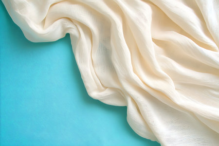 A soft cream fabric elegantly drapes across a vibrant blue surface, showcasing gentle textures and a serene aesthetic perfect for various design projects.の写真素材