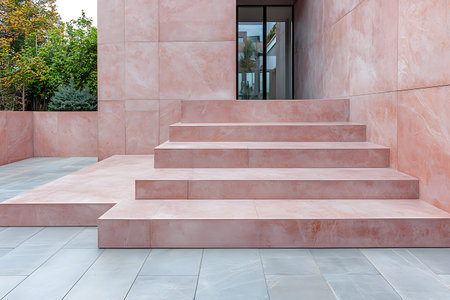 A contemporary architectural scene featuring soft pink steps leading to a glass entrance, showcasing modern design and minimalistic aesthetics in an outdoor setting.の写真素材