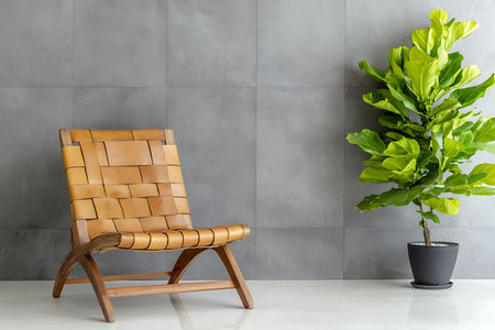A modern wooden chair with a unique design sits next to a potted plant against a minimalist gray wall, creating a stylish and inviting interior space.の写真素材