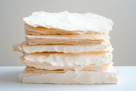 A visually appealing stack of handmade paper sheets showcasing natural textures. Ideal for art, crafts, and design projects that require unique materials.の写真素材