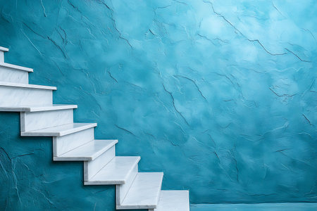 A stunning white marble staircase rises against a beautifully textured turquoise wall. This elegant...