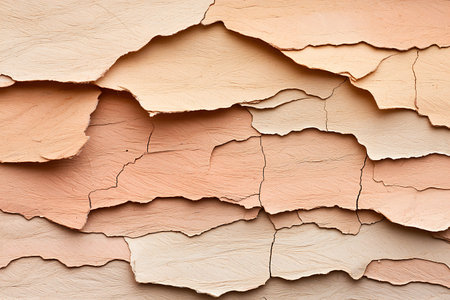 Close-up view of textured layers of peeling paint in muted earth tones, showcasing cracks and unique patterns. Perfect for artistic and abstract backgrounds.の写真素材