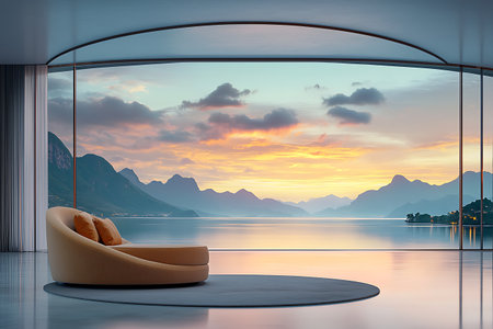 A stunning modern living room layout features elegant furniture facing a panoramic window, showcasing a vibrant sunset over mountains and a lake.の写真素材
