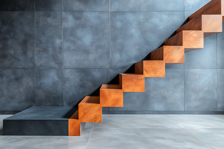 A contemporary staircase design featuring wooden steps that contrast a gray textured wall, perfect for modern interiors and elegant residential spaces.の写真素材