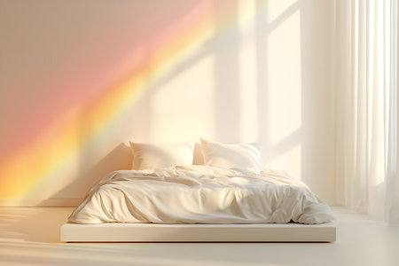 A serene bedroom featuring soft white bedding illuminated by gentle morning light. This minimalist design creates a peaceful atmosphere for relaxation.の写真素材