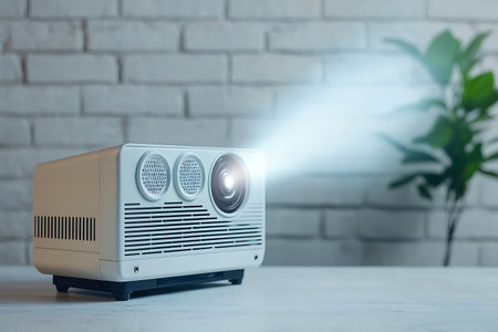 This image showcases a modern projector emitting a bright light beam, creating an engaging atmosphere for home entertainment or office presentations against a stylish brick wall.の写真素材