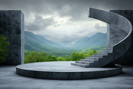A breathtaking landscape featuring an abstract concrete staircase set against majestic mountains and lush greenery under a dramatic sky, capturing serenity.の写真素材