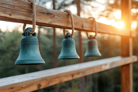 Three rustic bronze bells hang on a wooden frame, bathed in warm sunset light, surrounded by serene forest. A perfect symbol of tranquility and craftsmanship.の写真素材