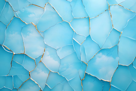 This image features an abstract view of a blue cracked surface with golden lines, revealing glimpses of the sky. Ideal for backgrounds and designs.の写真素材