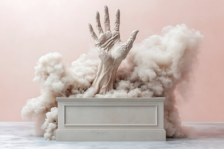Captivating sculpture of a hand emerging from a solid base, enveloped in soft smoke, creating a striking visual experience in a modern studio.の写真素材