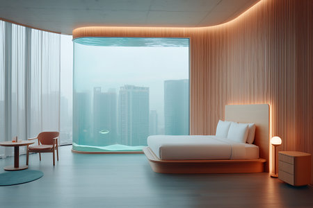 Experience the serenity of a modern hotel room with elegant furnishings and stunning glass views of a bustling city skyline. Ideal for relaxation.の写真素材