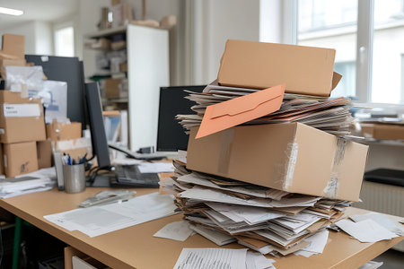 A disorganized office scene featuring a tall stack of boxes and heaps of unfiled papers, illustrating the chaos of a busy workspace.の写真素材