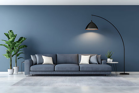 A beautifully designed living room featuring a modern blue sofa with cushions, decorative indoor...