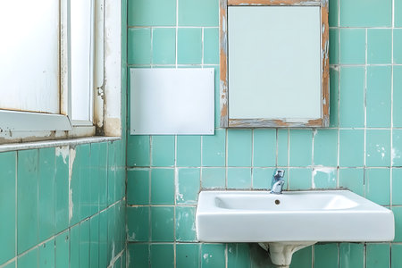 This image features a vintage bathroom with green tiles and a simple sink. The neglected space captures a sense of decay and nostalgia in an abandoned setting.の写真素材