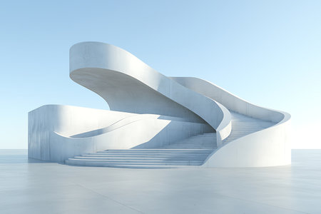 This stunning image showcases a modern abstract staircase featuring smooth lines and curves, perfectly illuminated in a bright environment, offering a unique architectural statement.の写真素材