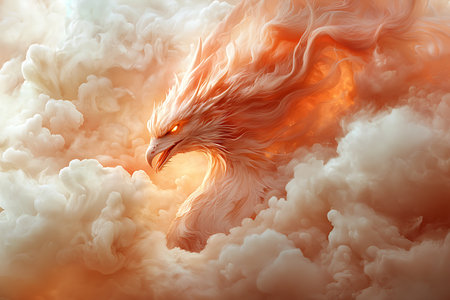 A stunning illustration showcasing a mythical phoenix rising from soft clouds, enveloped in vibrant orange hues, symbolizing rebirth and beauty.の写真素材