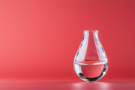 A stunning glass droplet vase filled with water sits gracefully on a vibrant red surface, showcasing...