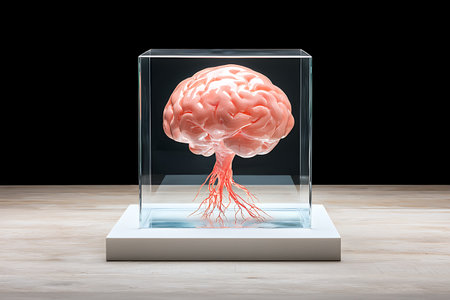 A detailed display of a realistic human brain model encased in glass, showcasing vibrant colors and intricate root structures, ideal for educational and artistic themes.の写真素材