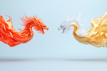 This captivating illustration features two mythical dragons, one a fiery red and the other a luminous white, symbolizing balance and power.の写真素材