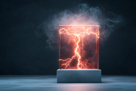 A captivating visual of lightning striking within a transparent cube, surrounded by ethereal smoke against a dark backdrop. Ideal for creative projects.の写真素材