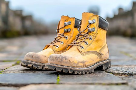 A pair of classic yellow work boots stands prominently on a cobblestone pathway, showcasing their...