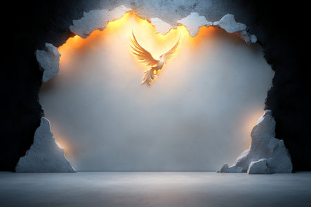 A stunning artistic representation of a phoenix rising from a broken wall, surrounded by dramatic lighting. This image captures themes of transformation and freedom.の写真素材
