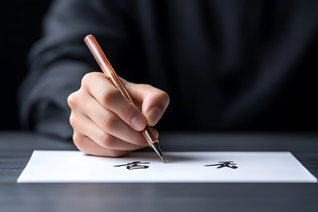 A close-up view of a hand in black clothing gracefully writing Chinese characters with a pen on white paper, showcasing creative expression and cultural art.の写真素材