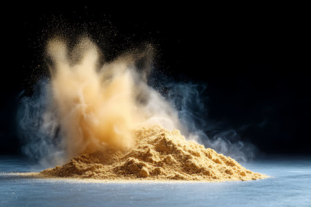 A stunning image of yellow powder erupting dramatically into a cloud of dust against a dark background, showcasing texture and movement in a captivating way.の写真素材