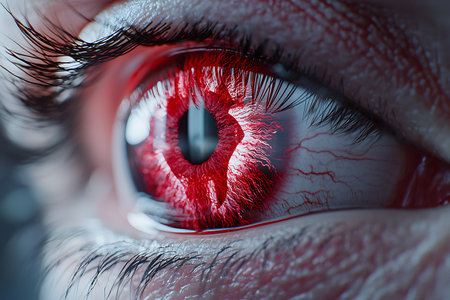 This close-up image showcases an eye with striking red details and visible veins, creating a dramatic and surreal effect. Perfect for artistic and conceptual themes.の写真素材