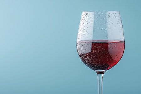 A sophisticated glass of red wine sits elegantly with condensation, showcasing its rich color against a calm blue background, perfect for relaxation or celebration.の写真素材