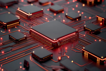 A stunning abstract image showcasing a circuit board design with microchips and illuminated red...