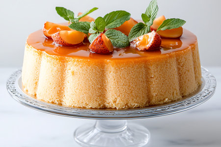 A stunning fresh cake adorned with vibrant fruit and mint leaves, perfect for celebrations or...