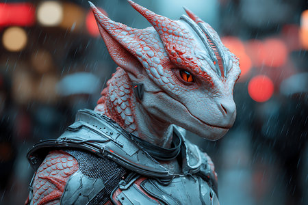 A striking dragon-like creature clad in futuristic armor stands in a rainy urban setting, exuding intensity and intrigue.の写真素材