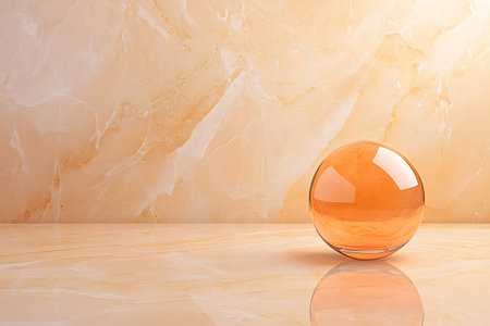 A sleek orange sphere sits gracefully on a smooth marble surface, reflecting light in a serene ambiance. Ideal for modern design or artistic projects.の写真素材
