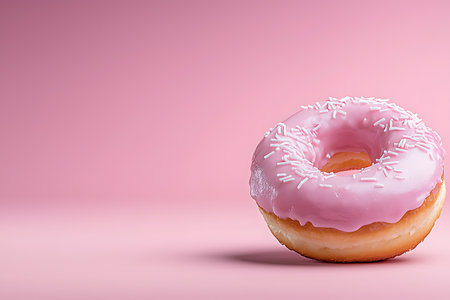 This image features a beautifully styled pink donut adorned with icing and sprinkles, set against a smooth pastel background. Perfect for food-related projects.の写真素材