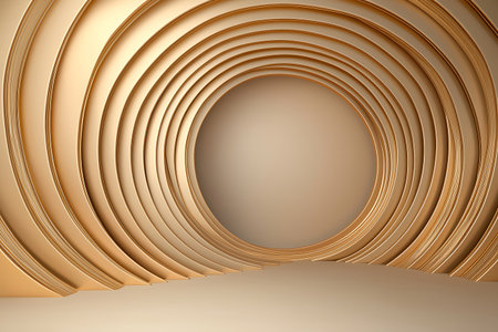This abstract image features layered curved shapes in warm gold tones, creating a smooth, inviting environment. Ideal for modern design projects and visual presentations.の写真素材