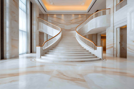 A stunning view of an elegant staircase in a lavish interior featuring marble walls and a polished floor. The design radiates luxury and sophistication.の写真素材