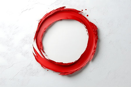 A vibrant circular red paint stroke on a clean white background, creating a striking frame for text or design elements. Ideal for creative projects.の写真素材