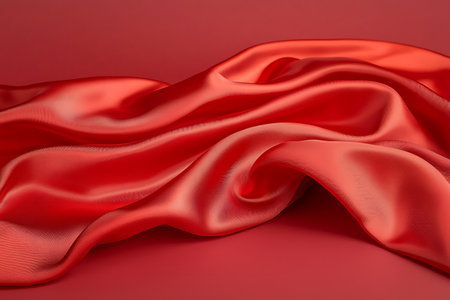 This image showcases elegant, smooth red satin fabric beautifully draped against a vibrant background, perfect for adding a touch of luxury and artistry to various design projects.の写真素材