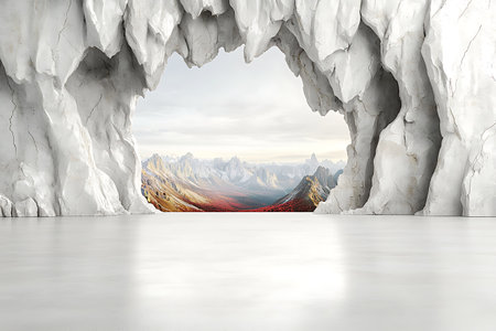 A breathtaking view from a cave opening reveals a stunning mountain landscape. The abstract textures of the rock contrast beautifully with the serene scenery outside.の写真素材