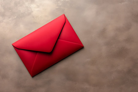 A vibrant red envelope placed on a textured earthy background, perfect for invitations or greeting cards, adding a touch of elegance and romance to any message.の写真素材