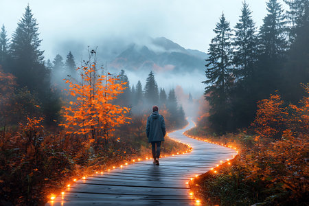 A tranquil autumn pathway unfurls through a misty forest, lined with glowing lights. The scene invites exploration, showcasing vibrant foliage and serene beauty.の写真素材